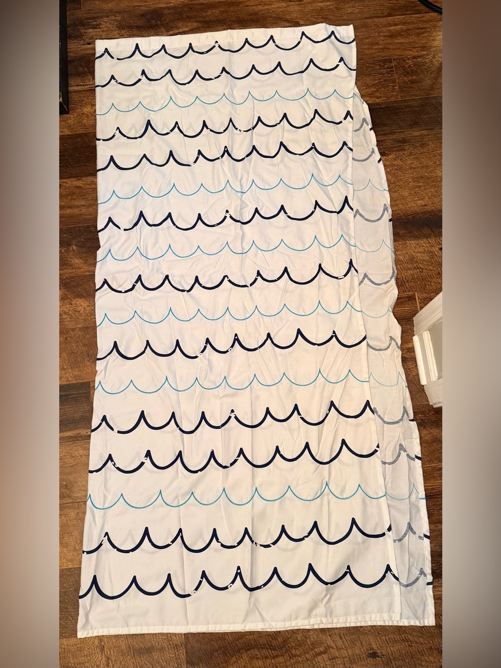 Pillowfort White Shower Curtain with Navy & Light Blue Wave Stripes